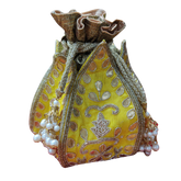 Women's Jaipuri Yellow Lotus Gotta-Patti Round Potli | Ladies Purse Handbag